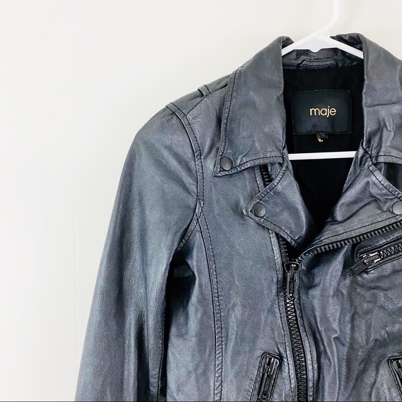 Maje Graphite Leather Blouson Zipper Moto Jacket - Picture 4 of 10